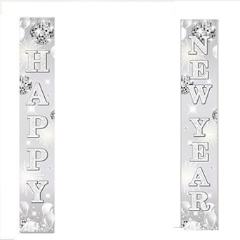 72x12" Silver Glitter New Year Door Banner with Disco Ball 2026 Party Porch Decor"