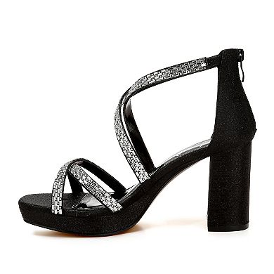 London Rag Infatuated Women's Strappy Rhinestones Block Heel Sandals