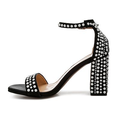 London Rag Klebba Women's Satin Pearls Embellished Block Heel Sandals