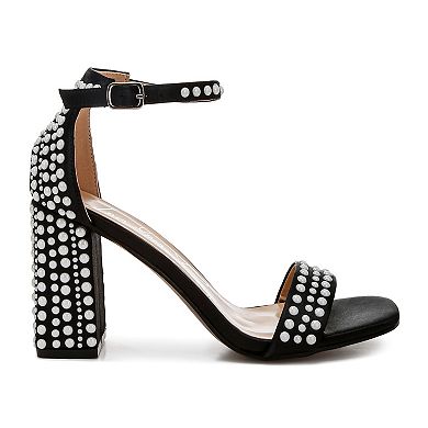 London Rag Klebba Women's Satin Pearls Embellished Block Heel Sandals