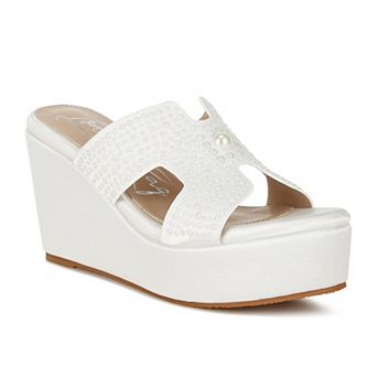 London Rag Renier Women's Satin Pearl Detail Wedge Sandals