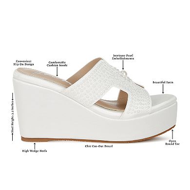 London Rag Renier Women's Satin Pearl Detail Wedge Sandals