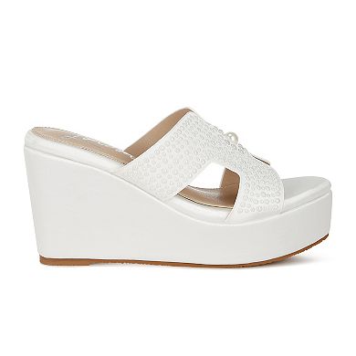 London Rag Renier Women's Satin Pearl Detail Wedge Sandals