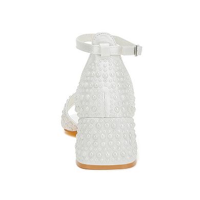 London Rag Cinnabon Women's Block Heel Pearl Embellished Sandals