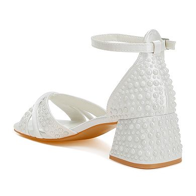London Rag Cinnabon Women's Block Heel Pearl Embellished Sandals