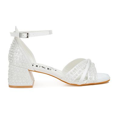 London Rag Cinnabon Women's Block Heel Pearl Embellished Sandals