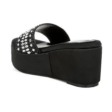 London Rag Batanga Women's Rhinestone Flatform Wedge Slide Sandals