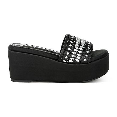 London Rag Batanga Women's Rhinestone Flatform Wedge Slide Sandals