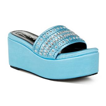 London Rag Batanga Women's Rhinestone Flatform Wedge Slide Sandals