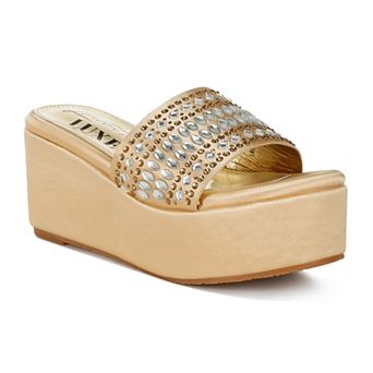 London Rag Batanga Women's Rhinestone Flatform Wedge Slide Sandals