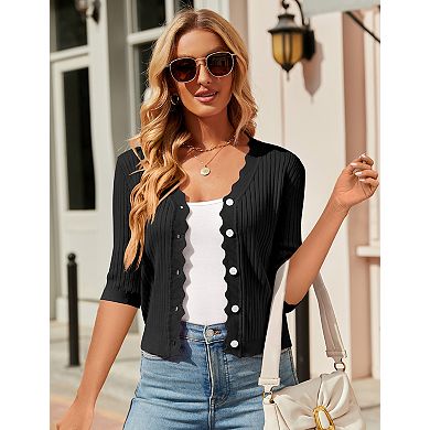 Womens Cropped Cardigan Knit Shrugs for Dresses Tops V Neck Button Down Cardigans Sweaters