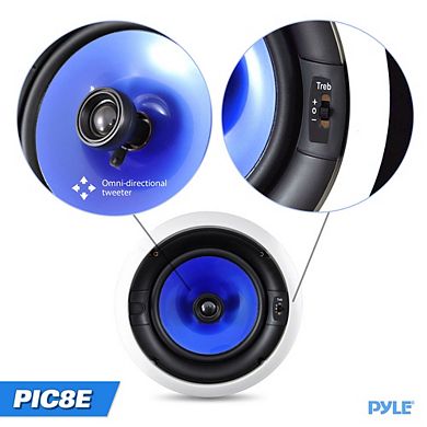 Dual 8" 2-Way In-Wall Speakers 300W w/ Silk Dome Tweeter & Treble Control