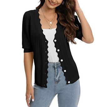 Womens Short Sleeve Knit Cardigans Button Down Lightweight Crochet Sweaters