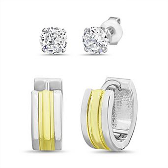 Men's STUDIO 1913 Two Tone Stainless Steel Huggie & Cubic Zirconia Stud 2-Pair Earring Set