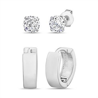 Men's STUDIO 1913 Polished Stainless Steel Puffy Huggie & Cubic Zirconia Stud 2-Pair Earring Set