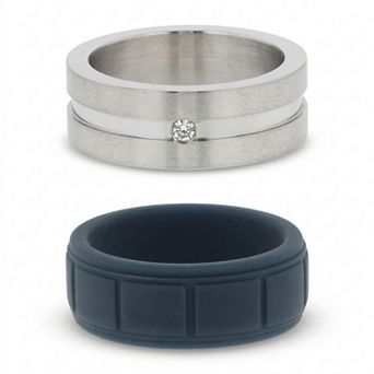 Men's STUDIO 1913 Stainless Steel Crystal Blue Silicone Ring Set