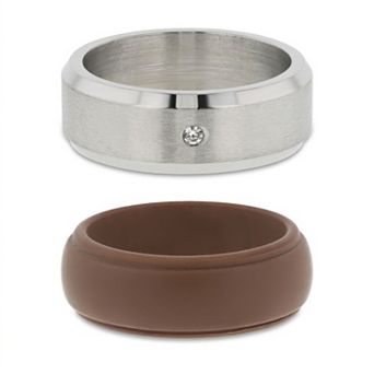 Men's STUDIO 1913 Stainless Steel Crystal Brown Silicone Ring Set