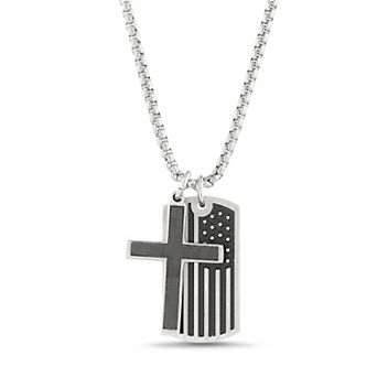 Men's STUDIO 1913 Two-Tone Stainless Steel American Flag Dog Tag & Cross Pendant Necklace
