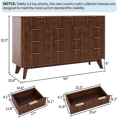 Fluted 9 Drawers Dresser, 54" Wide Modern Chest of Drawers with Metal Handle, Large Dresser TV Stand