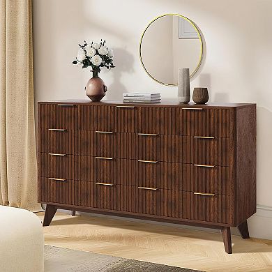 Fluted 9 Drawers Dresser, 54" Wide Modern Chest of Drawers with Metal Handle, Large Dresser TV Stand