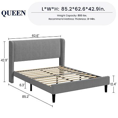 Bed Frame with Upholstered Headboard,Wooden Platform Bed Frame with 2 Storage Pockets