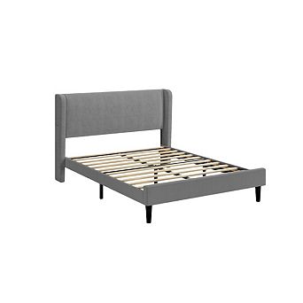 Bed Frame with Upholstered Headboard,Wooden Platform Bed Frame with 2 Storage Pockets