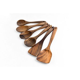 Wooden Kitchen Utensil Set, 6 pc Natural Teak Wood Cooking Spoons & Spatula with Hanging Storage Hole