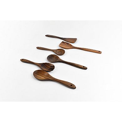 Wooden Kitchen Utensil Set, 6pc Natural Teak Wood Cooking Spoons & Spatula with Hanging Storage Hole