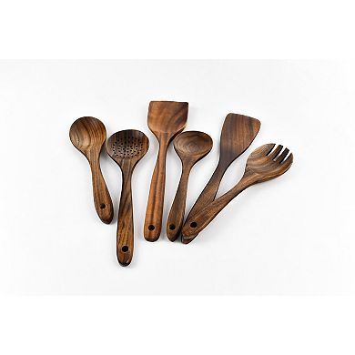 Wooden Kitchen Utensil Set, 6pc Natural Teak Wood Cooking Spoons & Spatula with Hanging Storage Hole