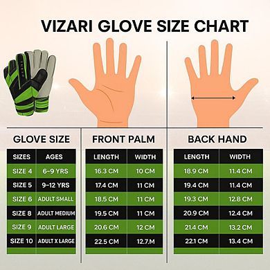 Vizari Anza F.P Youths' Soccer Goalie Gloves with grip boost, padded palm, and fingersave tech.