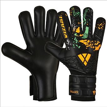 Vizari Galaxy F.P Youths' Soccer Goalie Gloves with grip boost, padded palm, and fingersave tech.