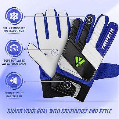 Vizari Junior Keeper F.P Soccer Goalie Gloves with grip boost, padded palm, and fingersave tech.