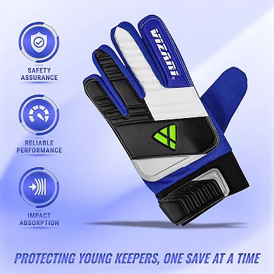 Vizari Junior Keeper F.P Soccer Goalie Gloves with grip boost, padded palm, and fingersave tech.