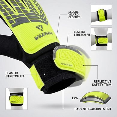 Vizari Junior Saver F.P Soccer Goalie Gloves with grip boost, padded palm, and fingersave tech.