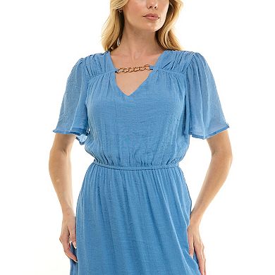 Women's Luxology Midi Dress with Flutter Sleeve & Necklace Detail