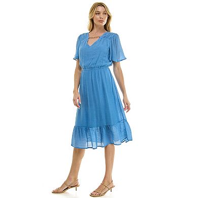 Women's Luxology Midi Dress with Flutter Sleeve & Necklace Detail