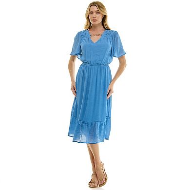 Women's Luxology Midi Dress with Flutter Sleeve & Necklace Detail