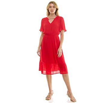 Women's Luxology Midi Dress with Flutter Sleeve & Necklace Detail