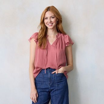 Petite LC Lauren Conrad Tie Front Ruffle V-Neck Blouse