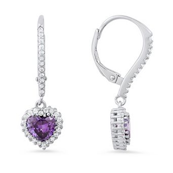 Queen Jewels Sterling Silver Heart-Cut Birthstone Cubic Zirconia Dangling Leverback Earrings
