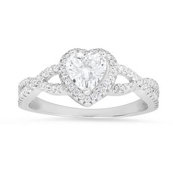 Queen Jewels Sterling Silver Swirling Heart-Cut Halo Cubic Zirconia Ring