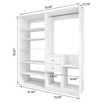 Closet System with 2 Drawers, Closet Organizer System with 8 Shelves,White