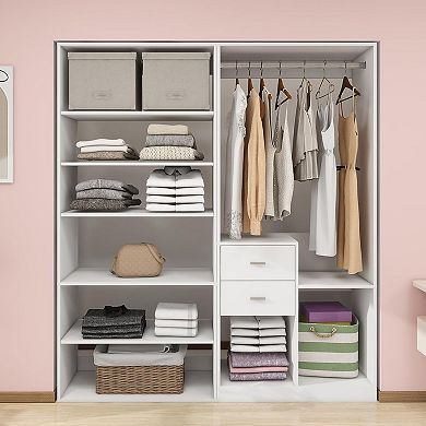Closet System with 2 Drawers, Closet Organizer System with 8 Shelves,White