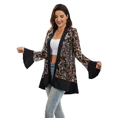 Women' s Sequin Mesh Cardigan with Sheer Embellished Sleeves and Flowing Open Front Design