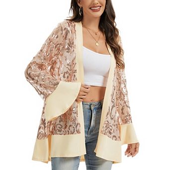 Women' s Sequin Mesh Cardigan with Sheer Embellished Sleeves and Flowing Open Front Design