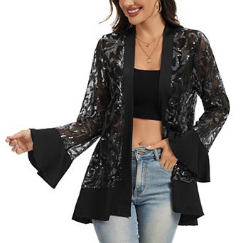 Women' s Sequin Mesh Cardigan with Sheer Embellished Sleeves and Flowing Open Front Design