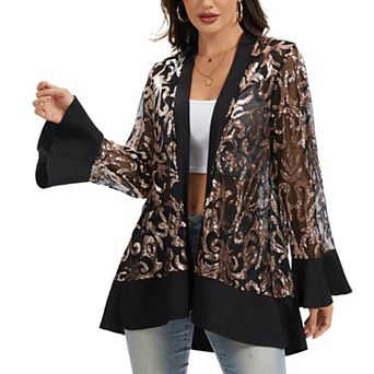 Women' s Sequin Mesh Cardigan with Sheer Embellished Sleeves and Flowing Open Front Design
