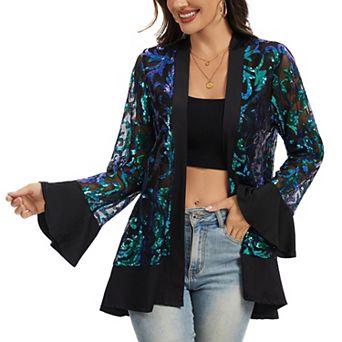 Women' s Sequin Mesh Cardigan with Sheer Embellished Sleeves and Flowing Open Front Design