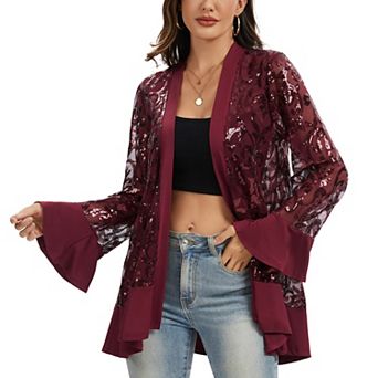 Women' s Sequin Mesh Cardigan with Sheer Embellished Sleeves and Flowing Open Front Design