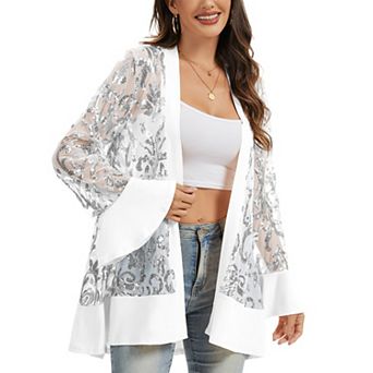 Women' s Sequin Mesh Cardigan with Sheer Embellished Sleeves and Flowing Open Front Design